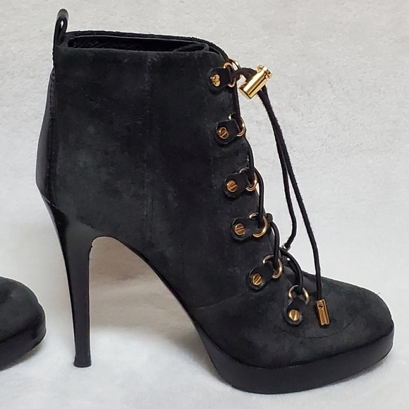 TORY Burch Halima Gray Camel Suede Gold Accent Lace-up Platform Ankle Booties 9M - Picture 10 of 15